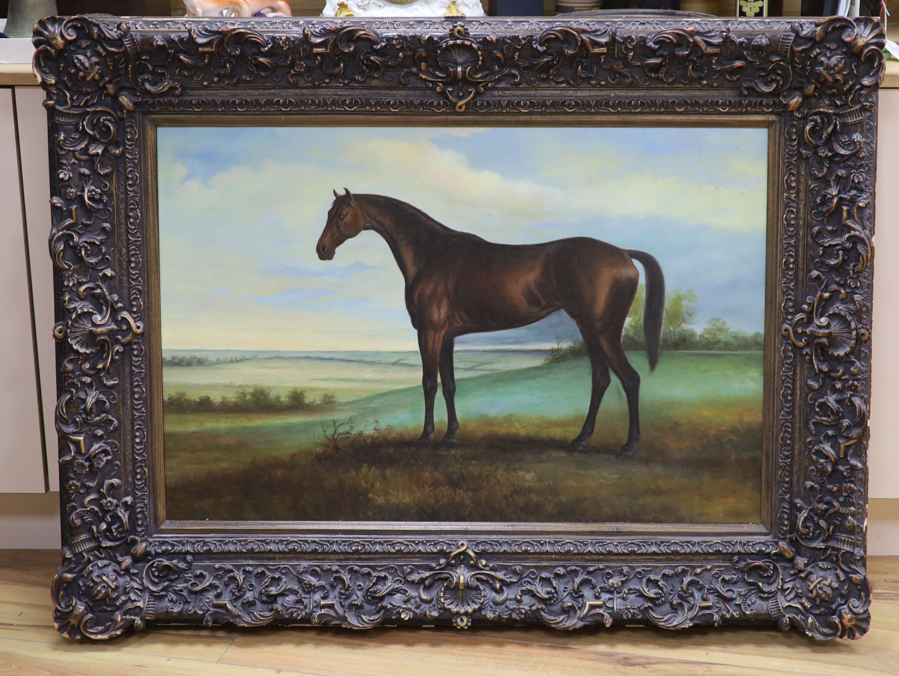 A modern oil on canvas of a horse standing in a landscape, 60 x 90cm